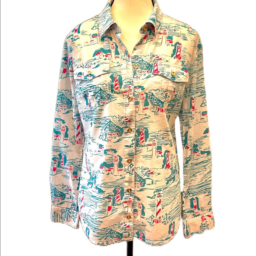 Lilly Pulitzer White, Blue & Pink Long Sleeve Size 2 Top